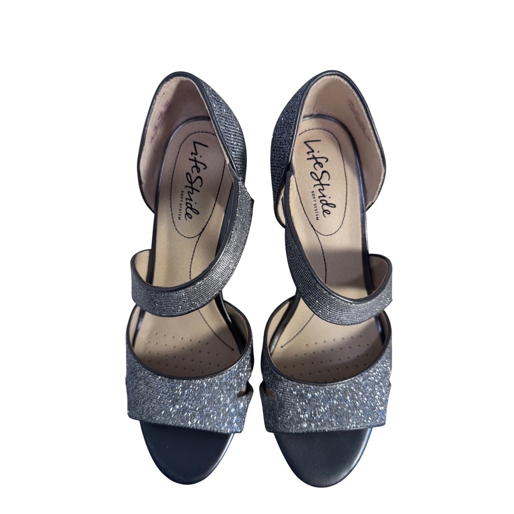 LifeStride Mega Womens Silver Glitter Strappy Evening Heels Sandals Size‎ 7.5M